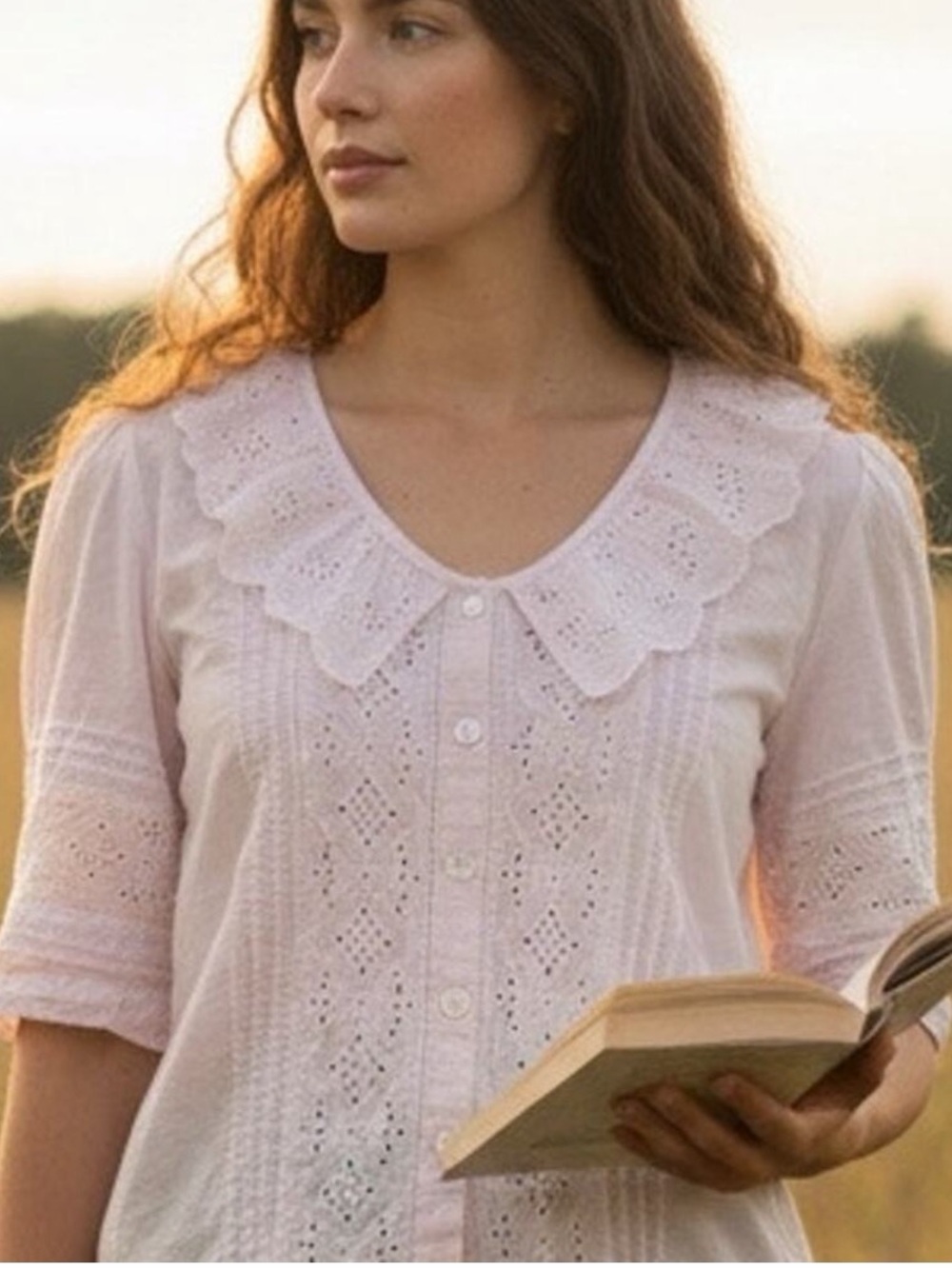Joie Pale Pink Eyelet Button-Front Blouse with Scalloped Collar